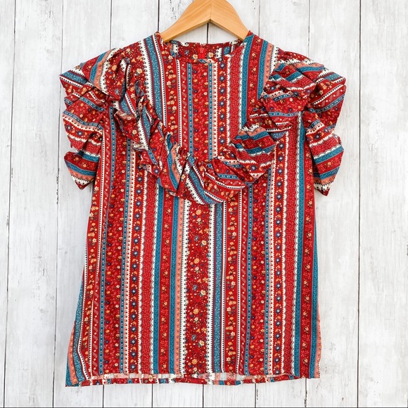 Vintage Cottage Core Handmade Ruffle Short Sleeve Floral Blouse - Picture 4 of 12